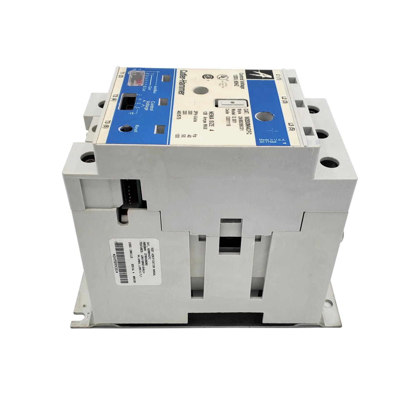 W200M4CFC Magnetic Motor Starter, Nema Size 4, 135 Amps, 3 Poles, Non-Reversing, 120VAC Coil at 60HZ, Full Voltage 600VAC, Overload Protection Standard, Open Style No Enclosure, Across the Line Starting and Stopping, Advantage Series. New Surplus and Certified Reconditioned with 1 Year Warranty.
