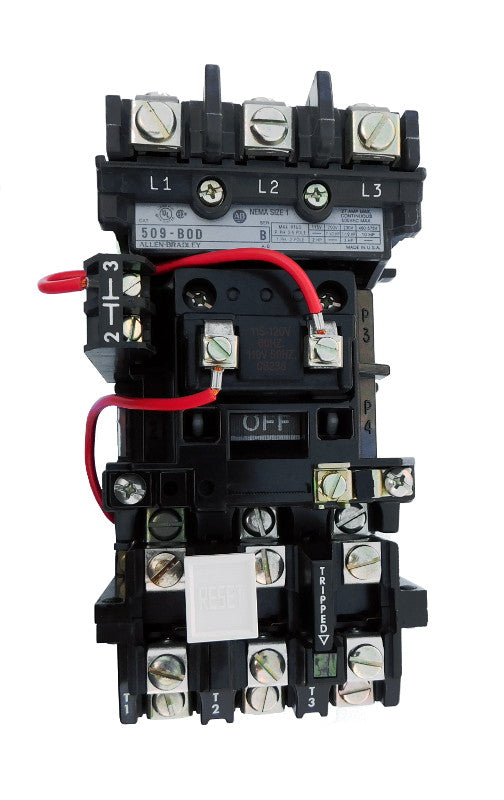 509-BOB Magnetic Motor Starter, NEMA Size 1, 27 Amps, 3 Poles, 440/480V AC Coil, Motor Voltage 575V AC Max, Open Style No Enclosure, Non-Reversing, Max HP Ratings: 7 1/2 @ 200VAC, 7 1/2 @ 230VAC, 10 @ 415VAC, 10 @ 575VAC, Line and Load End Terminals Standard. New Surplus and Certified Reconditioned with 1 Year Warranty.