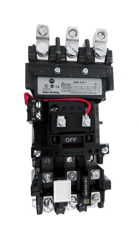509-COD Magnetic Motor Starter, NEMA Size 2, 45 Amps, 3 Poles, 110/120V AC Coil, Motor Voltage 575V AC Max, Open Style No Enclosure, Non-Reversing, Max HP Ratings: 10 @ 200VAC, 15 @ 230VAC, 25 @ 415VAC, 25 @ 575VAC, Line and Load End Terminals Standard New Surplus and Certified Reconditioned with 1 Year Warranty.