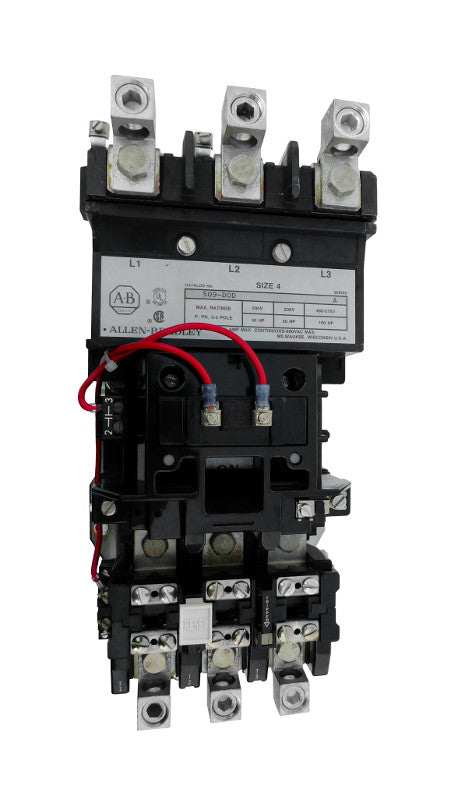 509-DOA Magnetic Motor Starter, NEMA Size 3, 90 Amps, 3 Poles, 220/240V AC Coil, Motor Voltage 575V AC Max, Open Style No Enclosure, Non-Reversing, Max HP Ratings: 25 @ 200VAC, 30 @ 230VAC, 50 @ 415VAC, 50 @ 575VAC, Line and Load End Terminals Standard. New Surplus and Certified Reconditioned with 1 Year Warranty.