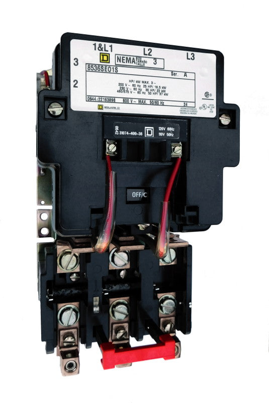 8536-SEO1-V03S Magnetic Motor Starter, Nema Size 3, 90 Amps, 3 Poles, 240VAC Coil, Full Voltage 600VAC, Open Style No Enclosure, Across the Line Starting and Stopping, Single Speed, Non-Reversing, Max HP Ratings (3 Phase): 25 HP @ 200VAC, 30 HP @ 230VAC, 50 HP @ 460VAC, 50 HP @ 575VAC. New Surplus and Certified Reconditioned with 1 Year Warranty.