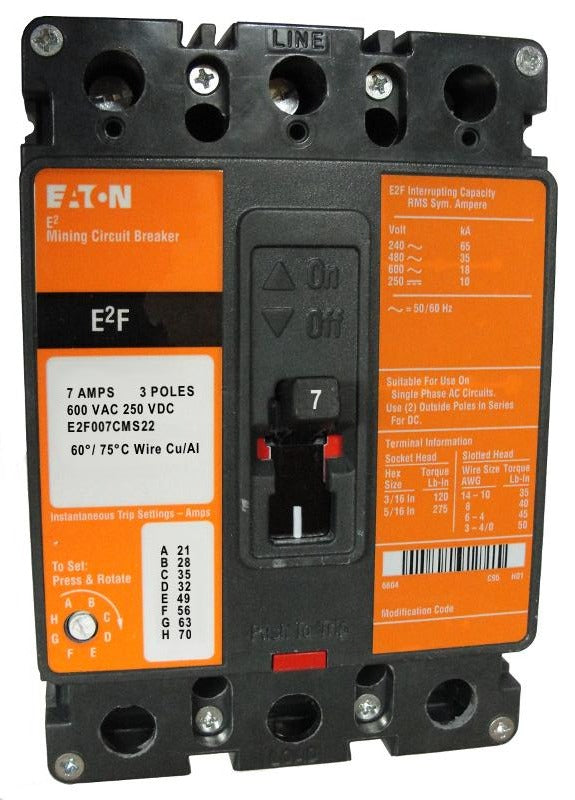 E2F007CMS22 E2F Frame Style, Molded Case Mining Circuit Breaker, Non-Interchangeable Magnetic Only Trip Unit, 7 Ampere at 40 Degree Celsius, 3 Pole, 600VAC @ 50/60HZ, Line and Load End Terminals Standard. 1 Year Warranty.