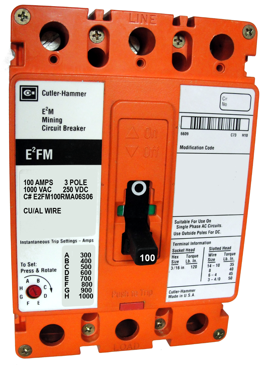 E2FM100RMA06S06 E2FM Frame Style, Molded Case Mining Circuit Breaker, Non-Interchangeable Magnetic Only Trip Unit, 100 Ampere at 40 Degree Celsius, 3 Pole, 1000VAC @ 50/60HZ, Line and Load End Terminals Standard. 1 Year Warranty.