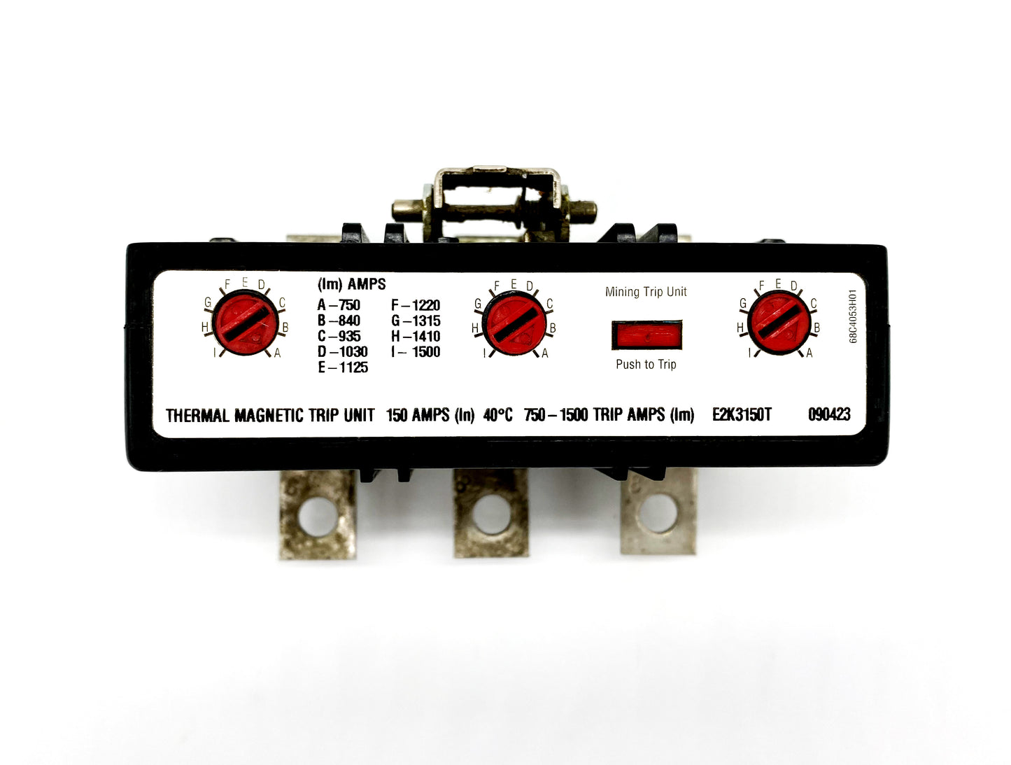 E2K3150T Trip Unit, K Frame Style, Thermal-Magnetic, 150 Ampere at 40 Degree Celsius, 3 Pole, 750-1500 Amp Trip Rating with 1 Year Warranty.