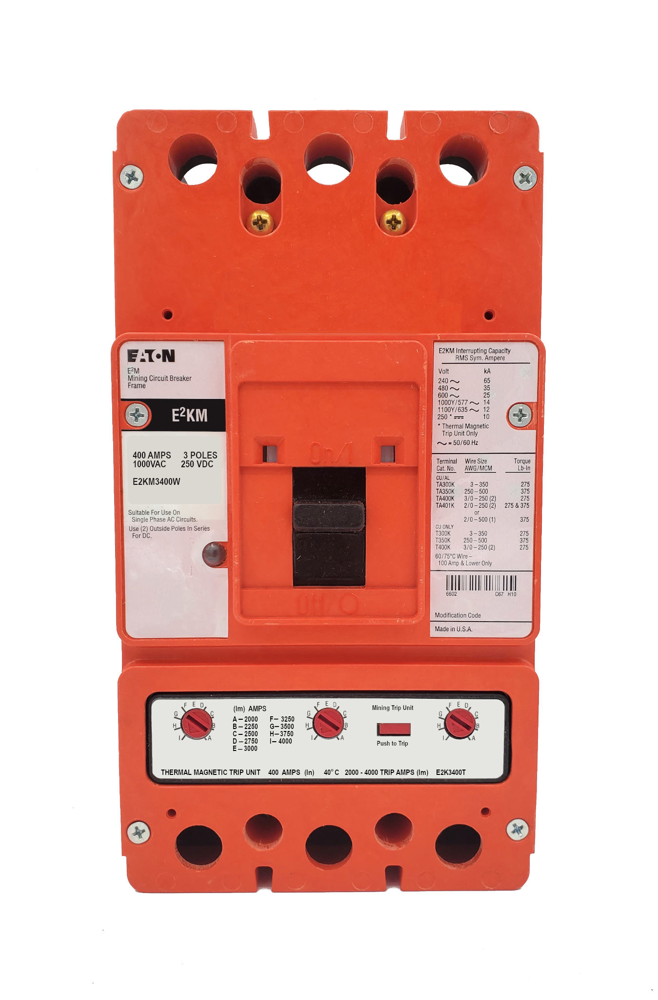 E2KM3400W E2KM Frame Style, Molded Case Mining Circuit Breaker, Interchangeable Thermal-Magnetic Trip Unit, 400 Ampere at 40 Degree Celsius, 3 Pole, 1000VAC @ 50/60HZ, Without Terminals Standard. 1 Year Warranty.