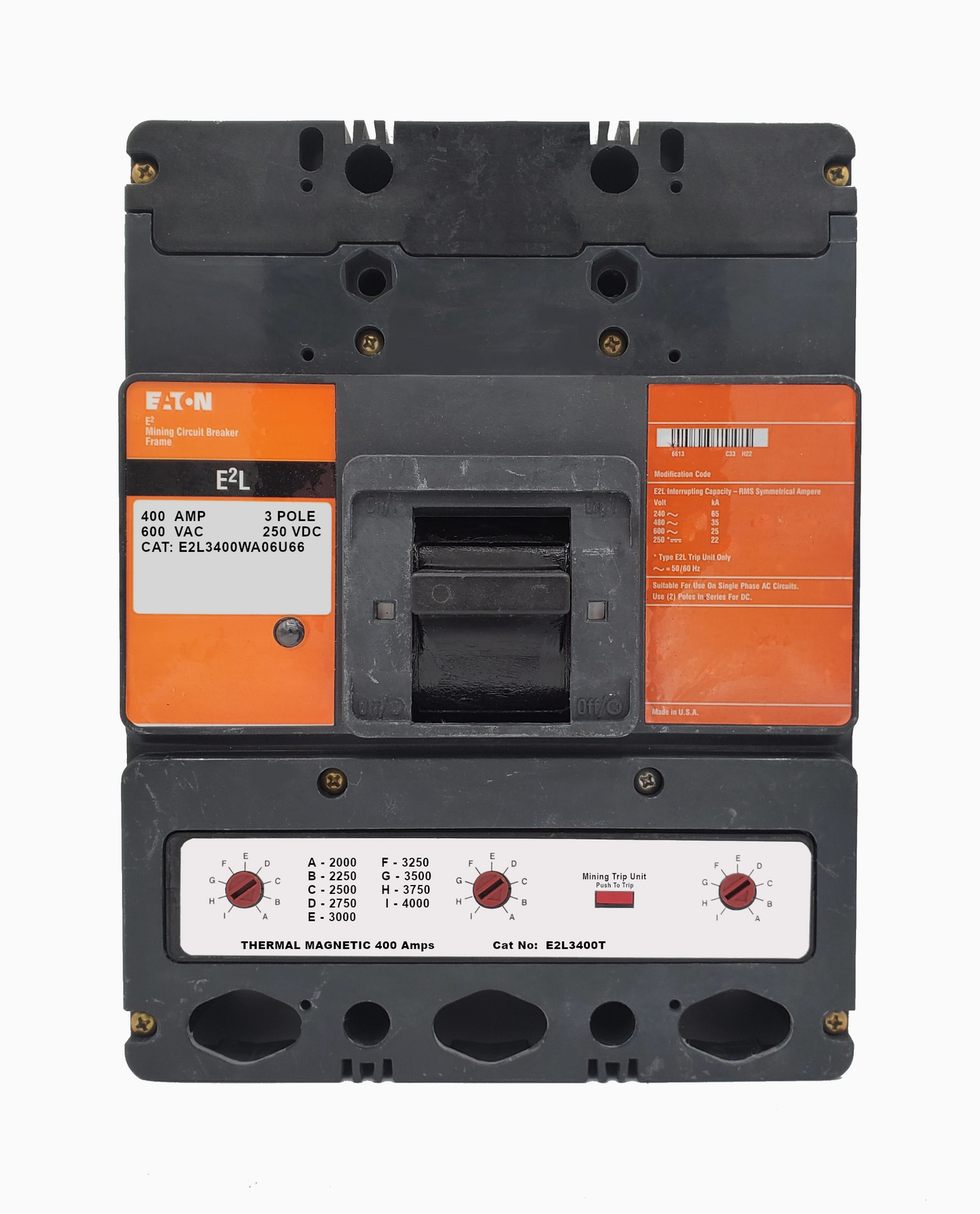E2L3400WA06U66 E2L Frame Style, Molded Case Mining Circuit Breaker, Interchangeable Thermal-Magnetic Trip Unit, 400 Ampere at 40 Degree Celsius, 3 Pole, 600VAC @ 50/60HZ, Without Terminals Standard. 1 Year Warranty. Hard to find customization options.
