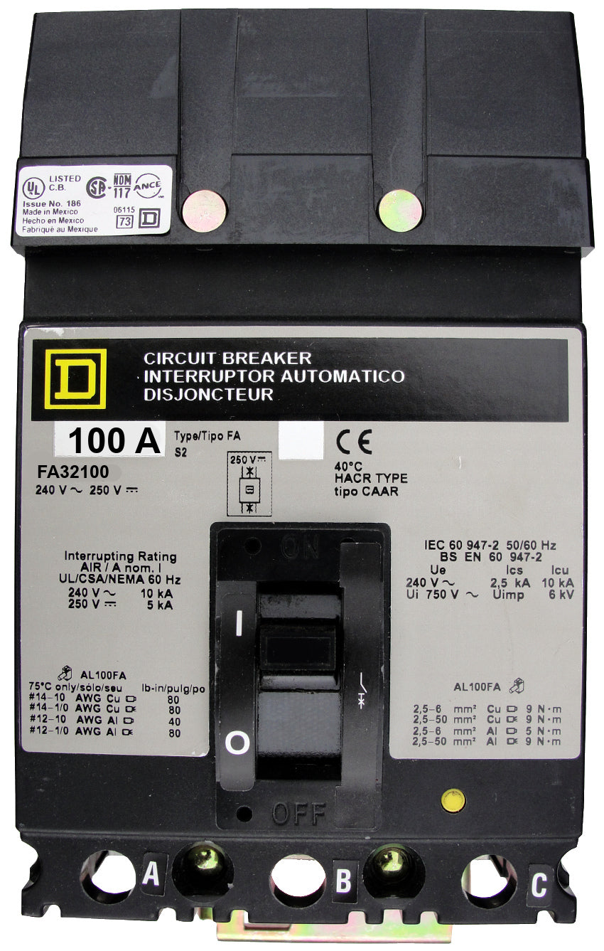 FA32100 FA (I-Line) Frame Style, Molded Case Circuit Breaker, Thermal Magnetic Non-interchangeable Trip Unit, 100 Ampere at 40 Degree Celsius, 3 Pole, Load End Terminals Standard. New Surplus and Certified Reconditioned with 1 Year Warranty.