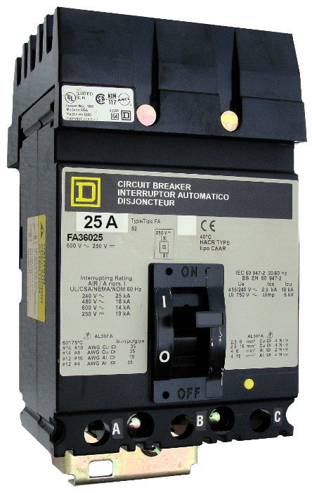 FA36025 FA (I-Line) Frame Style, Molded Case Circuit Breaker, Thermal Magnetic Non-interchangeable Trip Unit, 25 Ampere at 40 Degree Celsius, 3 Pole, Load End Terminals Standard. New Surplus and Certified Reconditioned with 1 Year Warranty.