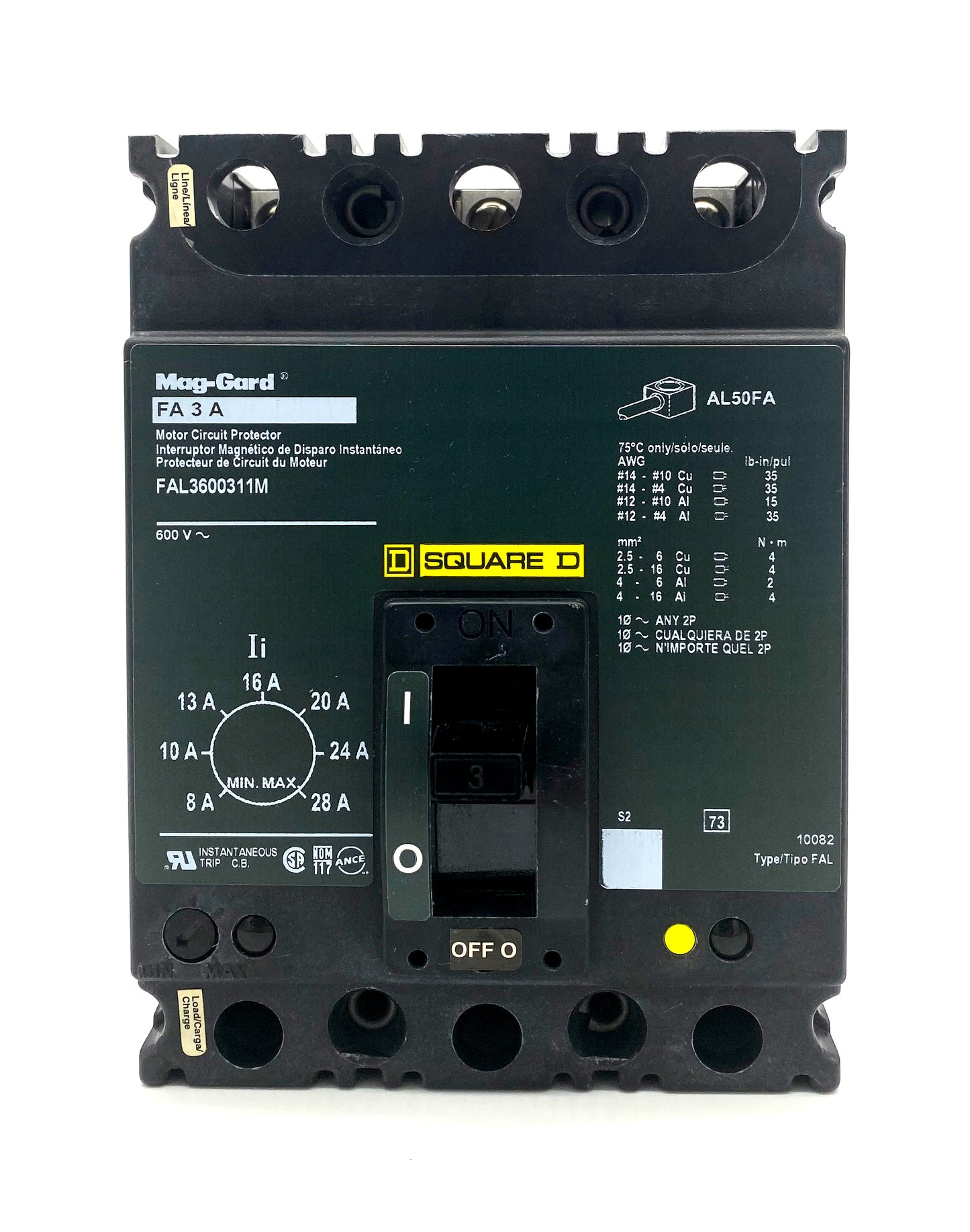 FAL3600311M FAL Frame Style, Molded Case Circuit Breaker, Magnetic Only Non-interchangeable Instantaneous Trip Unit, Motor Circuit Protection, 3 Ampere at 40 Degree Celsius, 3 Pole, Line and Load End Terminals Standard. New Surplus and Certified Reconditioned with 1 Year Warranty.
