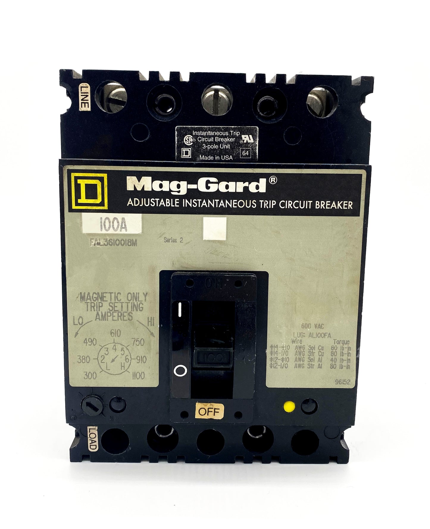 FAL3610018M FAL Frame Style, Molded Case Circuit Breaker, Magnetic Only Non-interchangeable Instantaneous Trip Unit, Motor Circuit Protection, 100 Ampere at 40 Degree Celsius, 3 Pole, Line and Load End Terminals Standard. New Surplus and Certified Reconditioned with 1 Year Warranty.