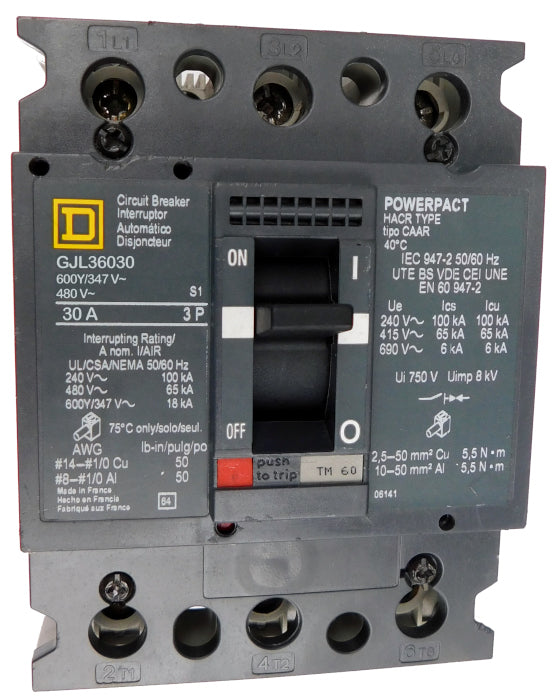 GJL36030 GJL Frame Style, PowerPact, Molded Case Circuit Breaker, Thermal Magnetic Non-interchangeable Trip Unit, 30 Ampere at 40 Degree Celsius, 3 Pole, Line and Load End Terminals Standard. New Surplus and Certified Reconditioned with 1 Year Warranty.