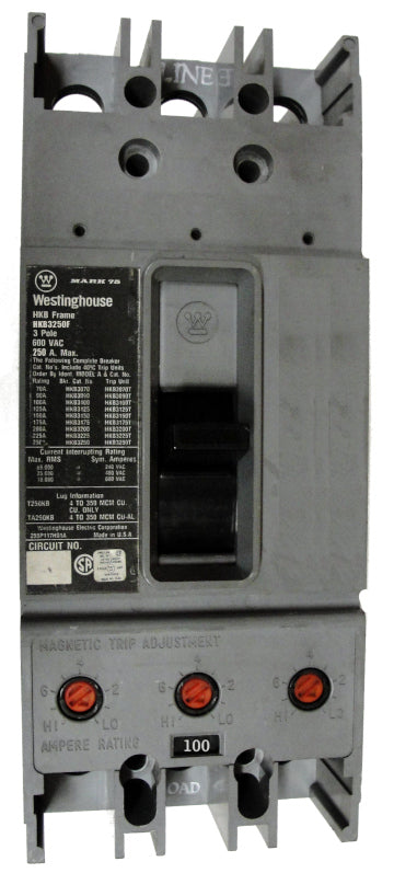 HKB3100 HKB Frame Style, Molded Case Circuit Breaker, Thermal Magnetic Non-Interchangeable Trip Unit, 100 Ampere at 40 Degree Celsius, 3 Pole, 600VAC @ 50/60HZ, Interrupting Ratings: 65 Kiloampere @ 240VAC, 25 Kiloampere @ 480VAC, 18 Kiloampere @ 600VAC. Certified Reconditioned with 1 Year Warranty.