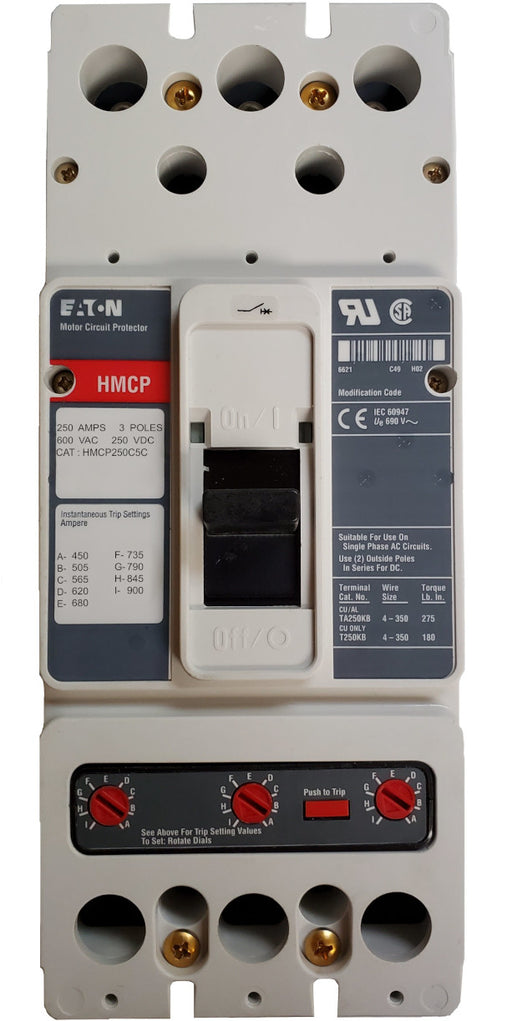 HMCP250C5C Motor Circuit Protector (MCP),J Frame Style, Molded Case Circuit Breaker, Magnetic Non-interchangeable Trip Unit, Instantaneous-only, 250 Amperes, 3 Pole, 450-900 Trip Setting, Non-aluminum Terminals Standard, 600VAC, 250VDC Maximum. New Surplus and Certified Reconditioned with 1 Year Warranty.