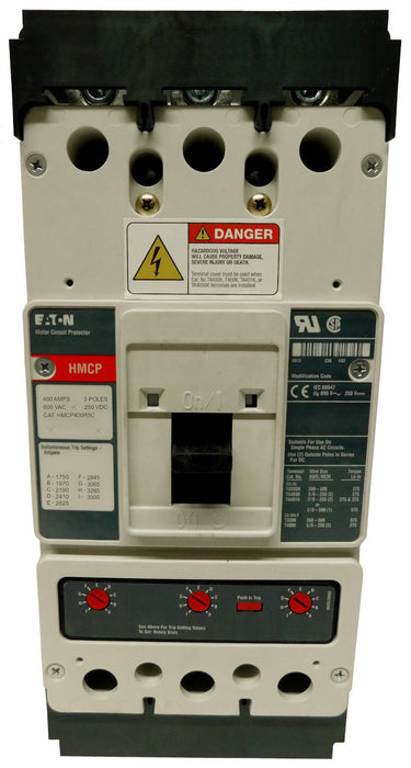 HMCP400R5C Motor Circuit Protector (MCP),K Frame Style, Molded Case Circuit Breaker, Magnetic Non-interchangeable Trip Unit, Instantaneous-only, 400 Amperes, 3 Pole, 1750-3500 Trip Setting, Copper Terminals Standard, 600VAC, 250VDC Maximum. New Surplus and Certified Reconditioned with 1 Year Warranty.