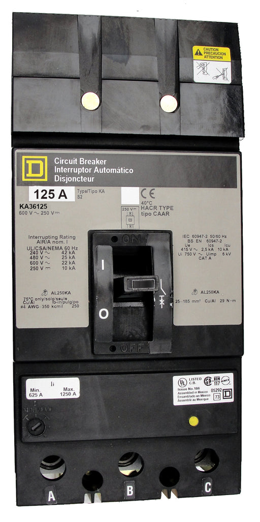 KA36125 KA (I-Line) Frame Style, Molded Case Circuit Breaker, Thermal Magnetic Non-interchangeable Trip Unit, 125 Ampere at 40 Degree Celsius, 3 Pole, Load End Terminals Standard. New Surplus and Certified Reconditioned with 1 Year Warranty.
