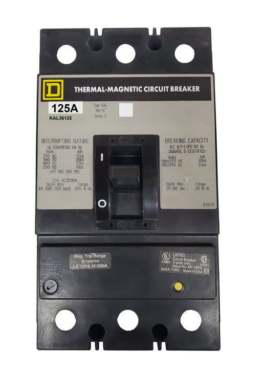 KAL36125 KAL Frame Style, Molded Case Circuit Breaker, Thermal Magnetic Non-interchangeable Trip Unit, 125 Ampere at 40 Degree Celsius, 3 Pole, Line and Load End Terminals Standard. New Surplus and Certified Reconditioned with 1 Year Warranty.