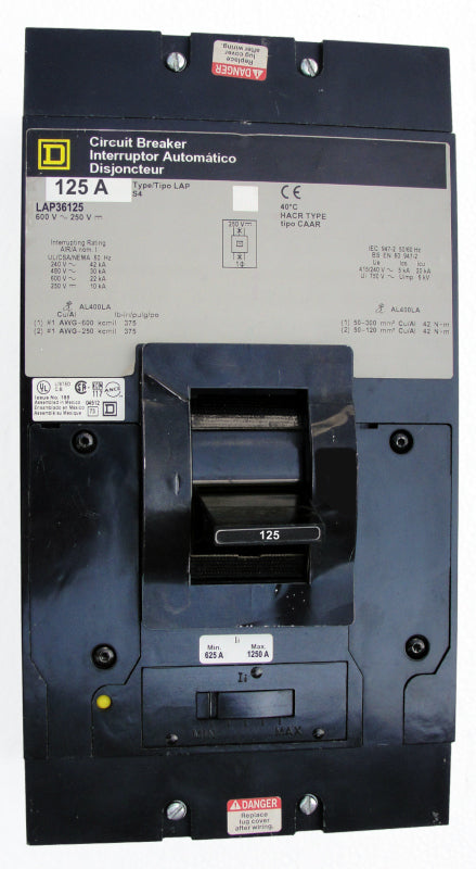LAP36125 in New Surplus and Certified Reconditioned LAP Frame Style, Molded Case Circuit Breaker, Panel Mounted, Thermal Magnetic Non-interchangeable Trip Unit, 125 Ampere at 40 Degree Celsius, 3 Pole, Interrupting Ratings: 42 Kiloampere @ 240 VAC, 30 Kiloampere @ 480 VAC, 22 Kiloampere @ 600 VAC, 10 Kiloampere @ 250 VDC, Load End Terminals Only. 1 Year Warranty.