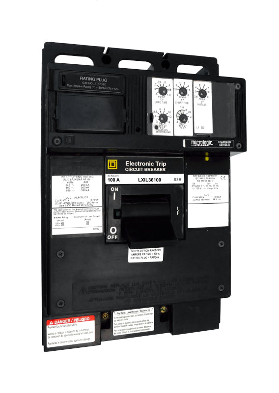 LXIL36100 LXL Frame Style, Molded Case Circuit Breaker, Current Limiting, 100% Rated, 250 Amp Sensor Size, Electronic Non-interchangeable Trip Unit, LSI Trip Unit Functions, 100 Ampere at 40 Degree Celsius, 3 Pole, with ARP040 Rating Plug Installed Standard, Line and Load End Terminals Standard. New Surplus and Certified Reconditioned with 1 Year Warranty.