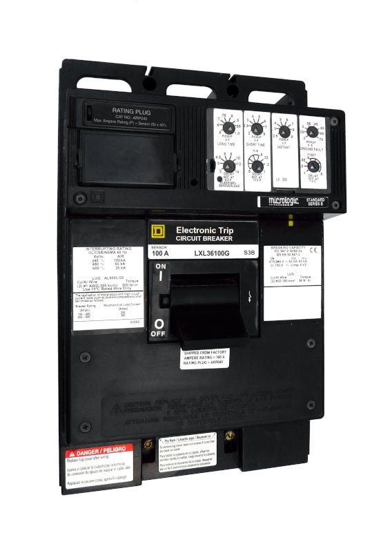 LXL36100G LXL Frame Style, Molded Case Circuit Breaker, 250 Amp Sensor Size, Electronic Non-interchangeable Trip Unit, LSIG Trip Unit Functions, 100 Ampere at 40 Degree Celsius, 3 Pole, with ARP040 Rating Plug Installed Standard, Line and Load End Terminals Standard. New Surplus and Certified Reconditioned with 1 Year Warranty.