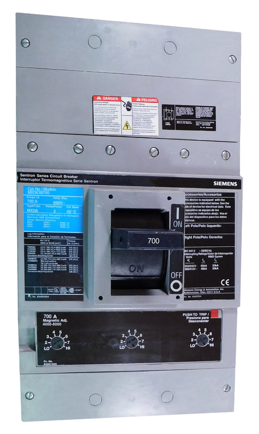 MXD63B700 MD Frame Style, Molded Case Circuit Breaker, Thermal Magnetic Non-Interchangeable Trip Unit, 700 Ampere at 40 Degree Celsius, 3 Pole, 240V AC, 480V AC, and 600V AC @ 50/60 HZ, Without Terminals Standard. New Surplus and Certified Reconditioned with 1 Year Warranty.