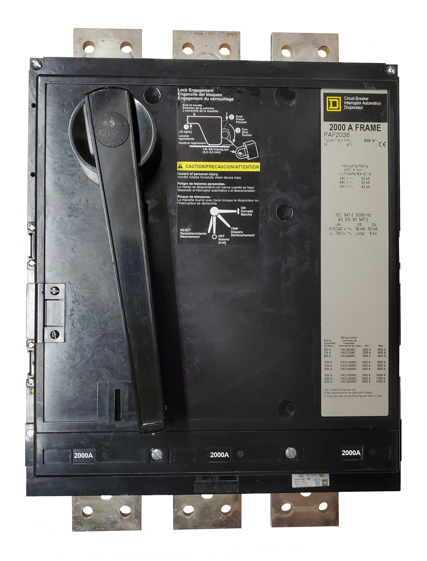 PAF362000G PAF Frame Style, Molded Case Circuit Breaker, Ground Fault Shunt, PA-32000-RC Rating Columns, LI Functions, 2000 Ampere at 40 Degree Celsius, 3 Pole, Interrupting Ratings: 65 Kiloampere @ 240 VAC, 50 Kiloampere @ 480 VAC, 42 Kiloampere @ 600 VAC, Without Terminals Standard.