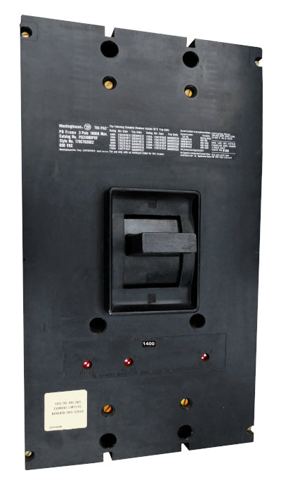 PB31400PR PB Frame Style, Tri-Pac, Molded-Case Circuit Breaker, Long Delay and Magnetic Non-Interchangeable Trip Unit, 1400 Ampere at 40 Degree Celsius, 3 Pole, 600VAC @ 50/60HZ, 2500-7000 Trip Range, Rear Connected, With Current Limiters 1600PBPR30 Installed Standard. New Surplus and Certified Reconditioned with 1 Year Warranty.