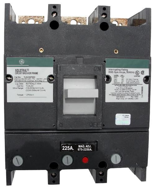 TJK436225WL TJK Frame Style, Molded Case Circuit Breaker, Thermal Magnetic Interchangeable Trip Unit, 225 Ampere at 40 Degree Celsius, 3 Pole, 600VAC @ 50/60HZ, Line and Load End Terminals Standard. New Surplus and Certified Reconditioned with 1 Year Warranty.
