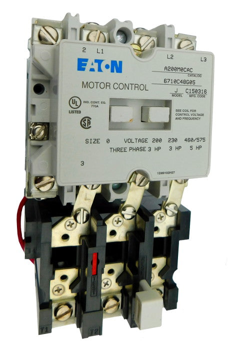 A200M0CX Magnetic Motor Starter, Nema Size 0, 18 Amps, 3 Poles, 480VAC Coil, Full Voltage 600VAC, Type B Overload Relay Standard, Open Style No Enclosure, Across the Line Starting and Stopping, Single Speed, Non-Reversing, Max HP Ratings: 1 @ 115V/1 Phase, 3 @ 208V/3 Phase, 3 @ 240V/3 Phase, 5 @ 480V/3 Phase, 5 @ 600V/3 Phase. New Surplus and Certified Reconditioned with 1 Year Warranty.