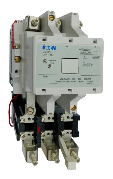 A200M4CE (Model K) Magnetic Motor Starter, Model K, Nema Size 4, 135 Amps, 3 Poles, 600VAC Coil, Full Voltage 600VAC, Type B Overload Relay Standard, Open Style No Enclosure, Across the Line Starting and Stopping, Single Speed, Non-Reversing, Max HP Ratings: 40 @ 208V/3 Phase, 50 @ 240V/3 Phase, 100 @ 480V/3 Phase, 100 @ 600V/3 Phase. New Surplus and Certified Reconditioned with 1 Year Warranty.