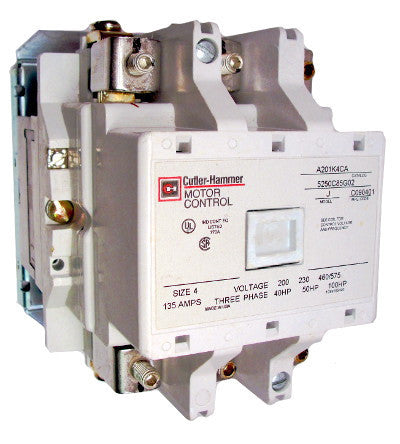 A201K4CA Magnetic Contactor, Model J, Nema Size 4, 135 Amps, 3 Poles, 120VAC Coil, Full Voltage 600VAC, Open Style No Enclosure, Across the Line Starting and Stopping, Single Speed, Non-Reversing, Max HP Ratings: 40 @ 208V/3 Phase, 50 @ 240V/3 Phase, 100 @ 480V/3 Phase, 100 @ 600V/3 Phase. New Surplus and Certified Reconditioned with 1 Year Warranty.
