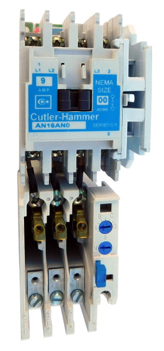 AN16AN0AB Magnetic Motor Starter, Nema Size 00, 9 Amps, 3 Poles, 120VAC Coil, Full Voltage 600VAC, Type B Overload Relay Standard, Open Style No Enclosure, Across the Line Starting and Stopping, Single Speed, Non-Reversing, Max HP Ratings (3 Phase): 1 1/2 @ 208VAC, 1 1/2 @ 240VAC, 2 @ 480VAC, 2 @ 600VAC. New Surplus and Certified Reconditioned with 1 Year Warranty.