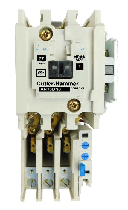 AN16DN0AC Magnetic Motor Starter, Nema Size 1, 27 Amps, 3 Poles, 120VAC Coil, Full Voltage 600VAC, Type C Overload Relay Standard, Open Style No Enclosure, Across the Line Starting and Stopping, Single Speed, Non-Reversing, Max HP Ratings (3 Phase): 7 1/2 @ 208VAC, 7 1/2 @ 240VAC, 10 @ 480VAC, 10 @ 600VAC. New Surplus and Certified Reconditioned with 1 Year Warranty.
