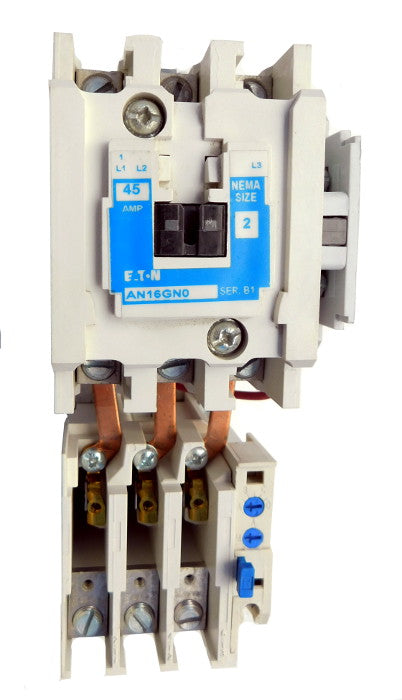 AN16GN0AB Magnetic Motor Starter, Nema Size 2, 45 Amps, 3 Poles, 120VAC Coil, Full Voltage 600VAC, Type B Overload Relay Standard, Open Style No Enclosure, Across the Line Starting and Stopping, Single Speed, Non-Reversing, Max HP Ratings (3 Phase): 10 @ 208VAC, 15 @ 240VAC, 25 @ 480VAC, 25 @ 600VAC. New Surplus and Certified Reconditioned with 1 Year Warranty.