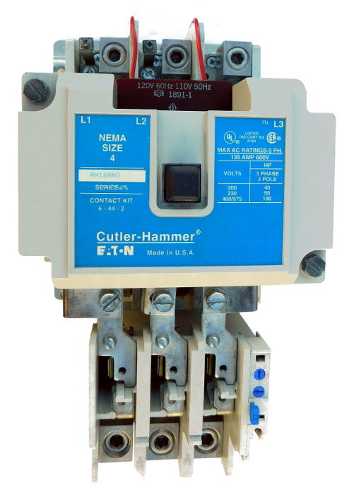 AN16NN0AB Magnetic Motor Starter, Nema Size 4, 135 Amps, 3 Poles, 120VAC Coil, Full Voltage 600VAC, Type B Overload Relay Standard, Open Style No Enclosure, Across the Line Starting and Stopping, Single Speed, Non-Reversing, Max HP Ratings (3 Phase): 40 @ 208VAC, 50 @ 240VAC, 100 @ 480VAC, 100 @ 600VAC. New Surplus and Certified Reconditioned with 1 Year Warranty.