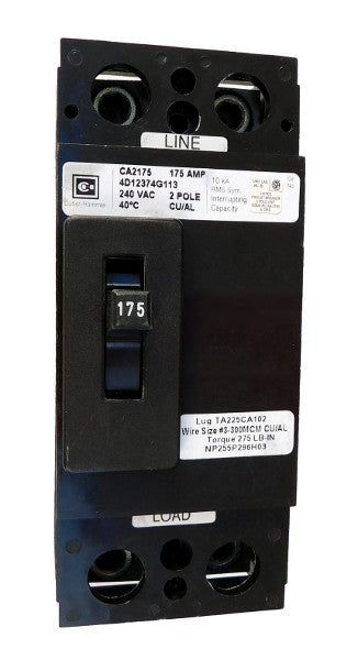 CA2225 CA Frame Style, Molded Case Circuit Breaker, Thermal Magnetic Fixed Trip Unit, 225 Ampere at 40 Degree Celsius, 2 Pole, 240VAC @ 50/60HZ, Interrupting Rating: 10 Kiloampere @ 240VAC, Line and Load End Terminals Standard. New Surplus and Certified Reconditioned with 1 Year Warranty.