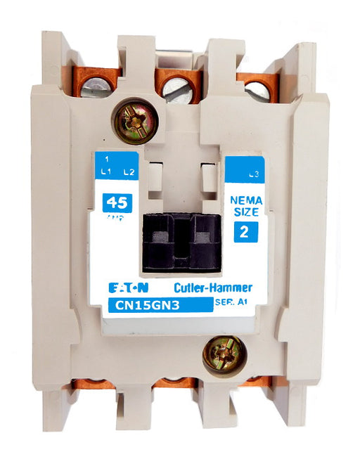 CN15GN3A Magnetic Motor Contactor, A Series, NEMA Size 2, 45 Amps, 3 Poles, 120V AC Coil, Full Voltage 600VAC, Open Style No Enclosure, Non-Reversing, Max HP Ratings: 10 @ 208VAC, 15 @ 240VAC, 25 @ 480VAC, 25 @ 600VAC. New Surplus and Certified Reconditioned with 1 Year Warranty.