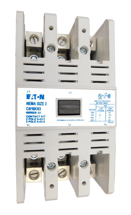 CN15KN3A Magnetic Motor Contactor, A Series, NEMA Size 3, 90 Amps, 3 Poles, 120V AC Coil, Full Voltage 600VAC, Open Style No Enclosure, Non-Reversing, Max HP Ratings: 25 @ 208VAC, 30 @ 240VAC, 50 @ 480VAC, 50 @ 600VAC, Line and Load End Terminals Standard. New Surplus and Certified Reconditioned with 1 Year Warranty.