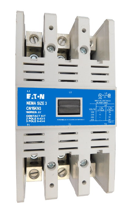 CN15KN3AB Magnetic Motor Contactor, B Series, NEMA Size 3, 90 Amps, 3 Poles, 120V AC Coil, Full Voltage 600VAC, Open Style No Enclosure, Non-Reversing, Max HP Ratings: 25 @ 208VAC, 30 @ 240VAC, 50 @ 480VAC, 50 @ 600VAC. New Surplus and Certified Reconditioned with 1 Year Warranty.
