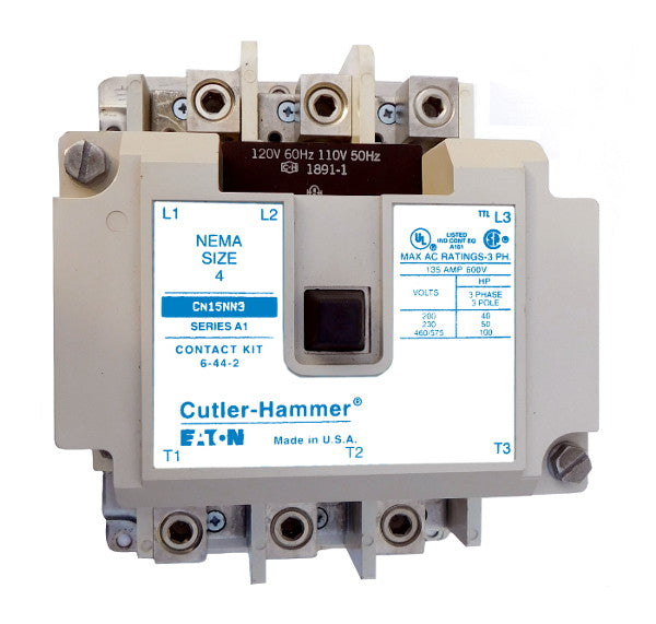 CN15NN3A Magnetic Motor Contactor, A Series, NEMA Size 4, 135 Amps, 3 Poles, 120V AC Coil, Full Voltage 600VAC, Open Style No Enclosure, Non-Reversing, Max HP Ratings: 40 @ 208VAC, 50 @ 240VAC, 100 @ 480VAC, 100 @ 600VAC, Line and Load End Terminals Standard. New Surplus and Certified Reconditioned with 1 Year Warranty.