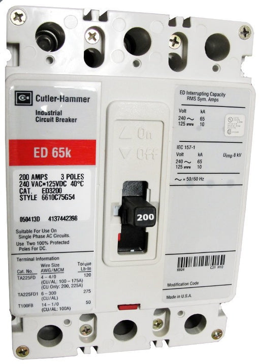 ED3200L ED Frame Style, Molded Case Circuit Breaker, Thermal Magnetic Non-interchangeable Trip Unit, 200 Ampere at 40 Degree Celsius, 3 Pole, 240VAC @ 50/60HZ, Line and Load End Terminals Standard. New Surplus and Certified Reconditioned with 1 Year Warranty.