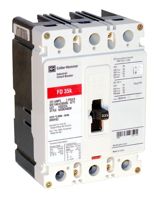 FD3225L FD Frame Style, Molded Case Circuit Breaker, Thermal Magnetic Non-interchangeable Trip Unit, 225 Ampere at 40 Degree Celsius, 3 Pole, 600VAC @ 50/60HZ, Line and Load End Terminals Standard. New Surplus and Certified Reconditioned with 1 Year Warranty.
