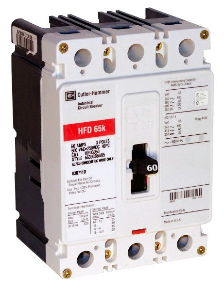 HFD3060L HFD Frame Style, Molded Case Circuit Breaker, Thermal Magnetic Non-interchangeable Trip Unit, High Interrupting Capacity, 60 Ampere at 40 Degree Celsius, 3 Pole, 600VAC @ 50/60HZ, Line and Load End Terminals Standard. New Surplus and Certified Reconditioned with 1 Year Warranty.