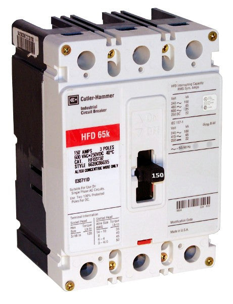 HFD3150L HFD Frame Style, Molded Case Circuit Breaker, Thermal Magnetic Non-interchangeable Trip Unit, High Interrupting Capacity, 150 Ampere at 40 Degree Celsius, 3 Pole, 600VAC @ 50/60HZ, Line and Load End Terminals Standard. New Surplus and Certified Reconditioned with 1 Year Warranty.