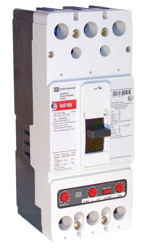 HJD3200 HJD Frame Style, Molded Case Circuit Breaker, High Interrupting Capacity, Thermal Magnetic Interchangeable Trip Unit, 200 Ampere at 40 Degree Celsius, 3 Pole, 600VAC @ 50/60HZ. New Surplus and Certified Reconditioned with 1 Year Warranty.