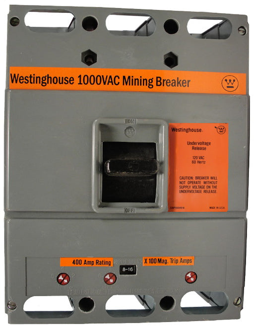 HLAM3600 1125-2250 THERMAL-MAG W/ UVR L Frame Style, Molded Case Mining Circuit Breaker, Interchangeable Thermal Magnetic Trip Unit, 600 Ampere at 40 Degree Celsius, 3 Pole, 1000VAC @ 50/60HZ, Interrupting Ratings: 12 Kiloampere @ 1000VAC, 120v UVR installed, No Lugs Standard. 1 Year Warranty.