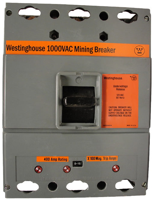 HLAM3400 1125-2250 MAG-ONLY W/ UVR L Frame Style, Molded Case Mining Circuit Breaker, Interchangeable Magnetic Only Trip Unit, 400 Ampere at 40 Degree Celsius, 3 Pole, 1000VAC @ 50/60HZ, Interrupting Ratings: , 12 Kiloampere @ 1000VAC, 120v UVR installed, No Lugs Standard. 1 Year Warranty.