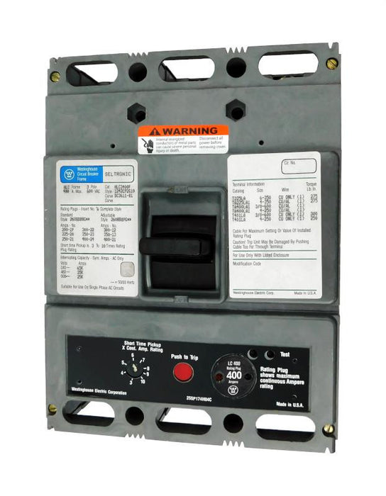 HLC3400 (HLC3400F w/400 Amp Rating Plug) HLC Frame Style, Molded Case Circuit Breaker, High Interrupting Capacity, LS Function Non-Interchangeable Trip Unit, 400 Ampere at 40 Degree Celsius, 3 Pole, 600VAC @ 50/60HZ, with 400 Amp Rating Plug Installed. New Surplus and Certified Reconditioned with 1 Year Warranty.