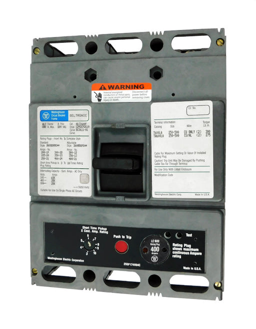 HLC3400 (HLC3600F w/400 Amp Rating Plug) HLC Frame Style, Molded Case Circuit Breaker, High Interrupting Capacity, LS Function Non-Interchangeable Trip Unit, 400 Ampere at 40 Degree Celsius, 3 Pole, 600VAC @ 50/60HZ, with 400 Amp Rating Plug Installed. New Surplus and Certified Reconditioned with 1 Year Warranty.