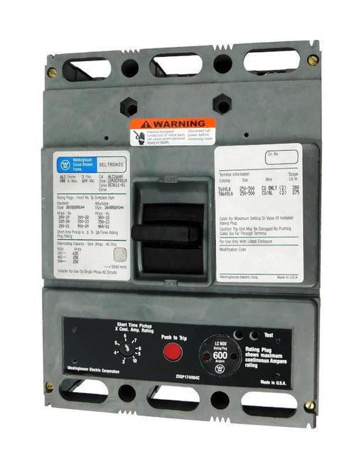 HLC3600 (HLC3600F w/600 Amp Rating Plug) HLC Frame Style, Molded Case Circuit Breaker, High Interrupting Capacity, LS Function Non-Interchangeable Trip Unit, 600 Ampere at 40 Degree Celsius, 3 Pole, 600VAC @ 50/60HZ, with 600 Amp Rating Plug Installed. New Surplus and Certified Reconditioned with 1 Year Warranty.