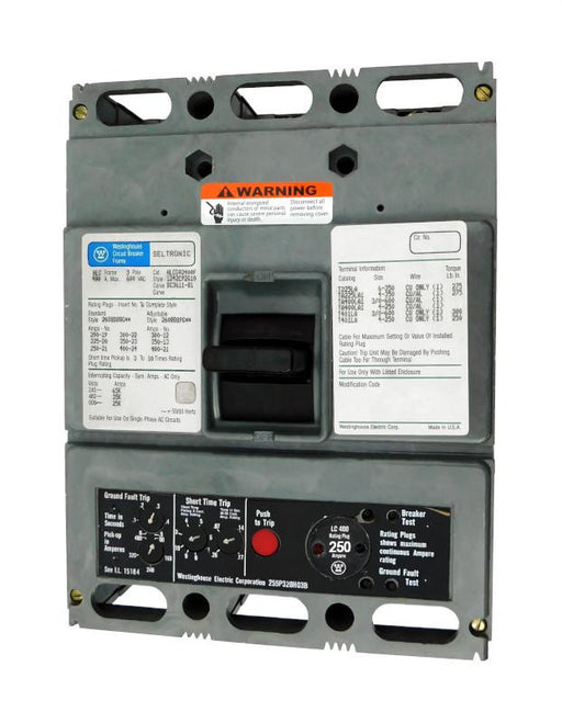 HLCGA3250 (HLCGA3400F w/250 Amp Rating Plug) HLCGA Frame Style, Molded Case Circuit Breaker, High Interrupting Capacity, LSIG Function Non-Interchangeable Trip Unit, 250 Ampere at 40 Degree Celsius, 3 Pole, 600VAC @ 50/60HZ, 400 Amp Max Frame, with 250 Amp Rating Plug Installed, with Line and Load End Terminals Standard. New Surplus and Certified Reconditioned with 1 Year Warranty.